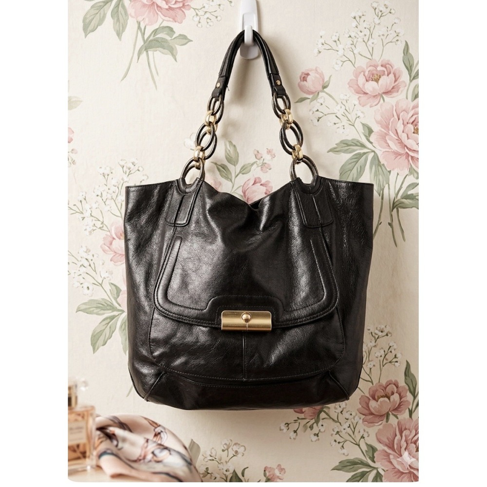 Coach Kristin Pinnacle Leather Tote Bag F19385 Black Shimmer Silver Trim Slouchy